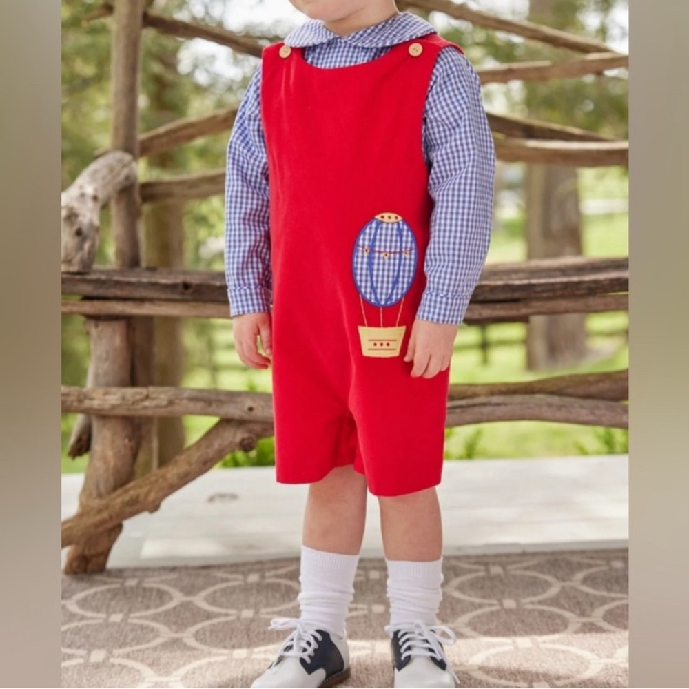 Little English Hot Air Balloon Button Tab John John Overalls | Size 4T | Red - Picture 2 of 4